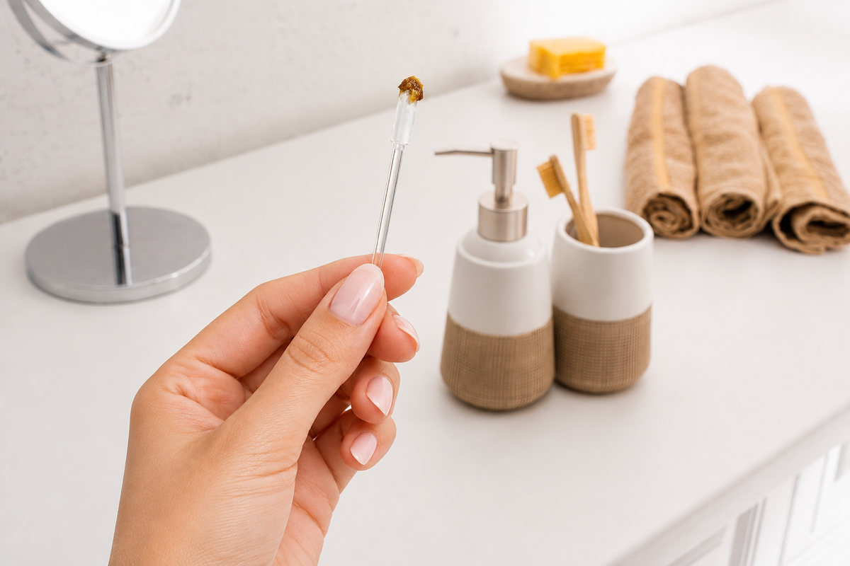 Hand holding a clear sticky ear cleaner stick above a white bathroom shelf