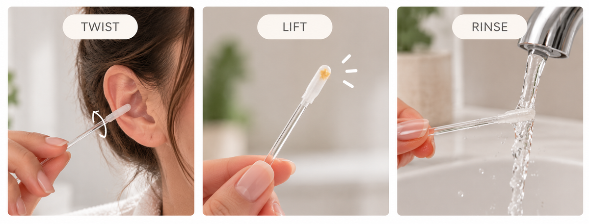 Three-step illustration showing twist, lift and rinse with a sticky ear cleaner