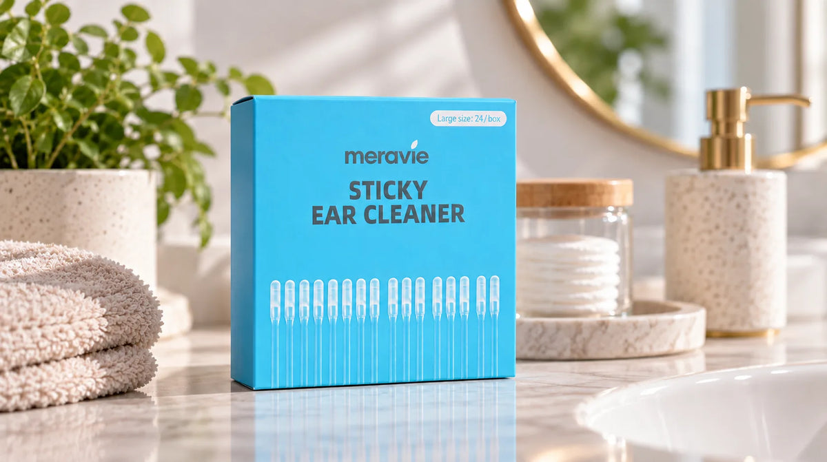 A box of sticky ear cleaners on a bright bathroom counter beside a plant, folded towels and a soap dispenser