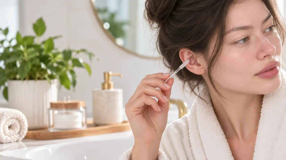Woman in a white robe holding a clear ear cleaner stick at the outer edge of her ear in a bright bathroom
