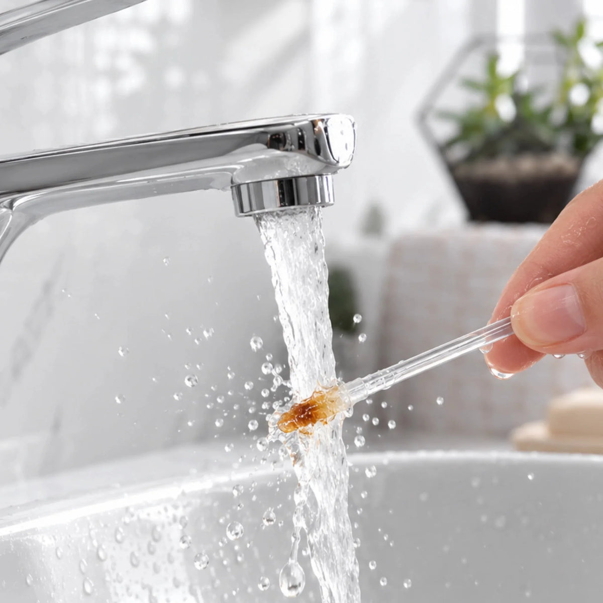 A clear sticky ear cleaner stick being rinsed under a running tap